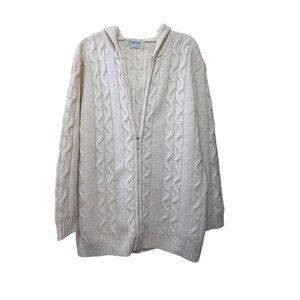 Vintage Suantrai Ireland Cardigan L Hoodie Cable Knit Cream 100% Shetland Wool